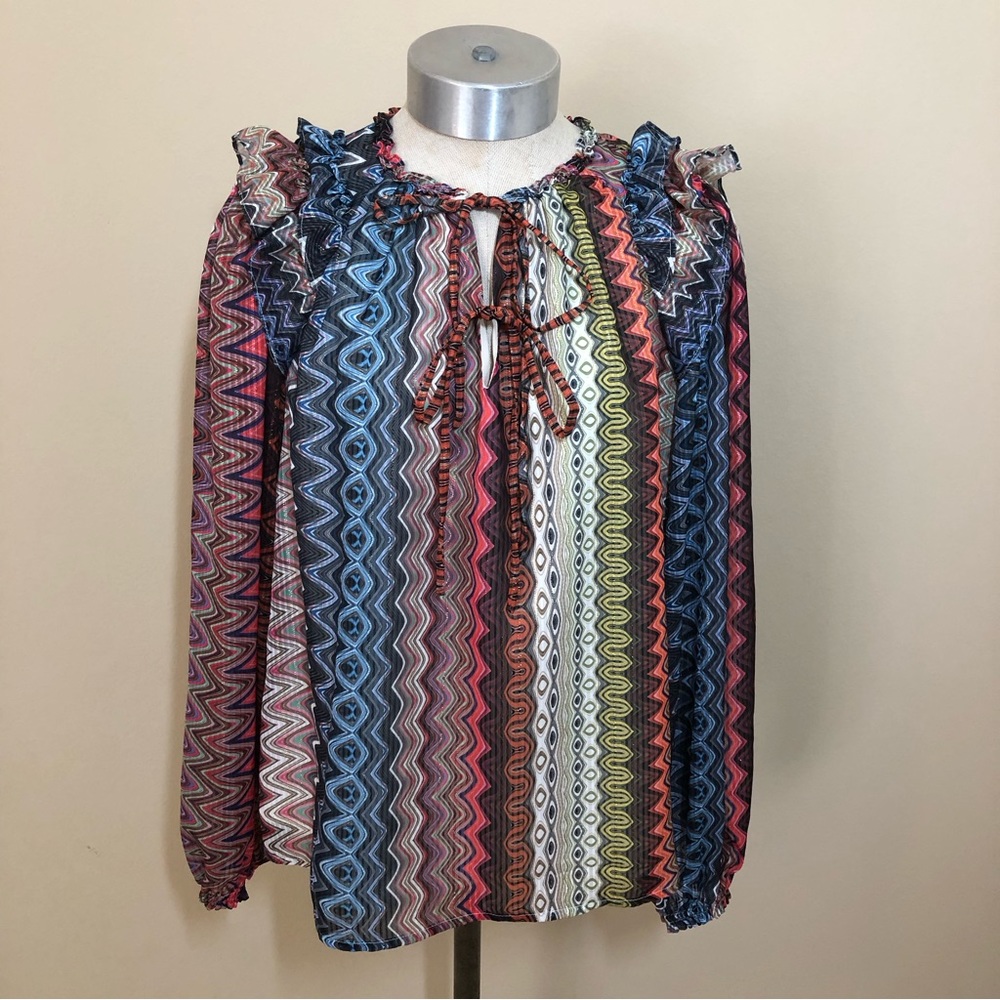 Ciebon flutter shoulder long ballon sleeve blouse zigzag psychedelic trippy